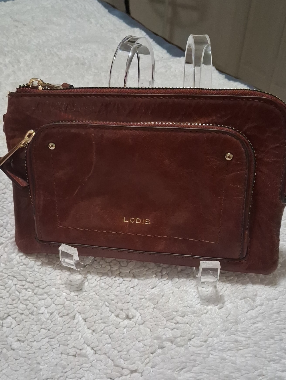 Lodis Leather Double Zip Pouch in Brown with Gold Hardware